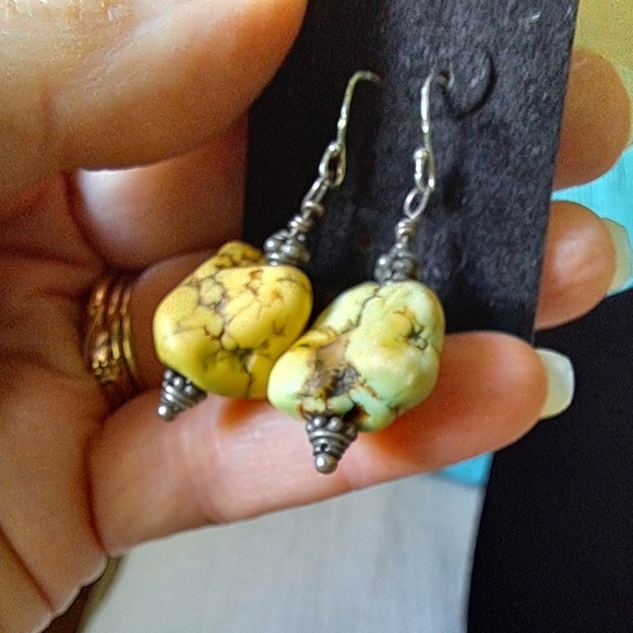 Rare Lime Green Chunky Spiderweb Turquoise Native American Navajo Silver Earring - Picture 6 of 10